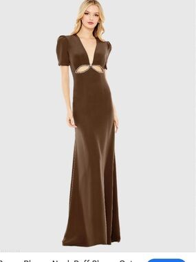 Mac Duggal Brown Plunge Neck Puff Sleeve Cutout Maxi Gown